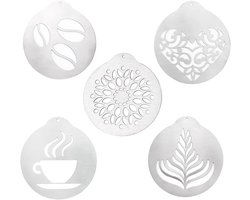 Koffie Stencils - Bakvormen Set - Latte Art Maken - Roestvrij Staal - 5 Delig - Zilver