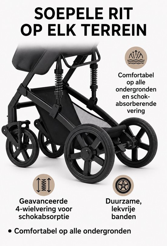 3-in-1 kinderwagen reissysteem - Kinderwagen en buggy met autostoeltje - Lichtgewicht, opvouwbaar en compact - Schokdempende wielen - Omkeerbare zitting - Verstelbare rugleuning en duwstang - UV-bescherming - Ruime opbergmand - Zwart — afbeelding 4