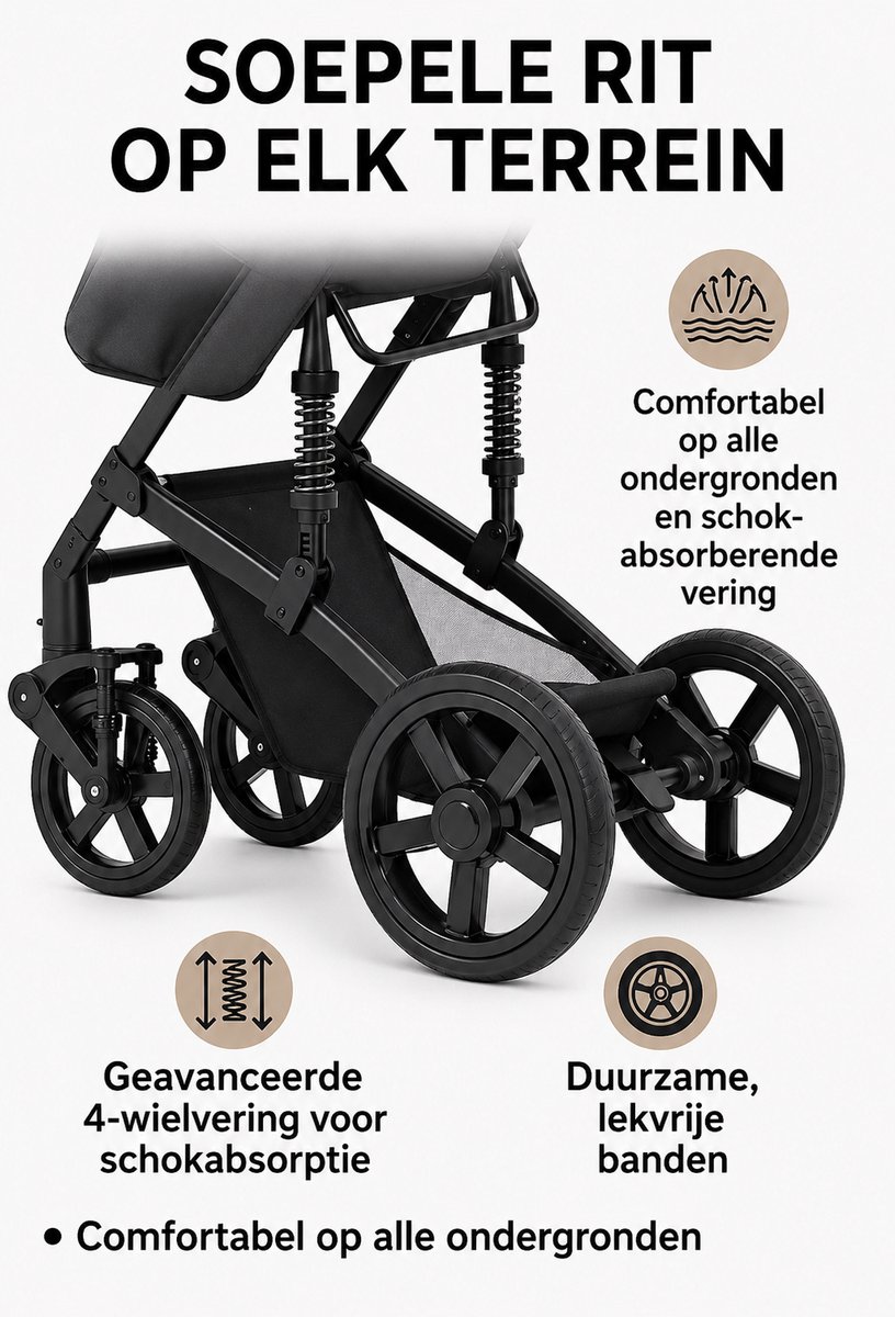 3-in-1 kinderwagen reissysteem – Kinderwagen en buggy met autostoeltje – Lichtgewicht, opvouwbaar en compact – Schokdempende wielen – Omkeerbare zitting – Verstelbare rugleuning en duwstang – UV-bescherming – Ruime opbergmand - Zwart thumbnail 4
