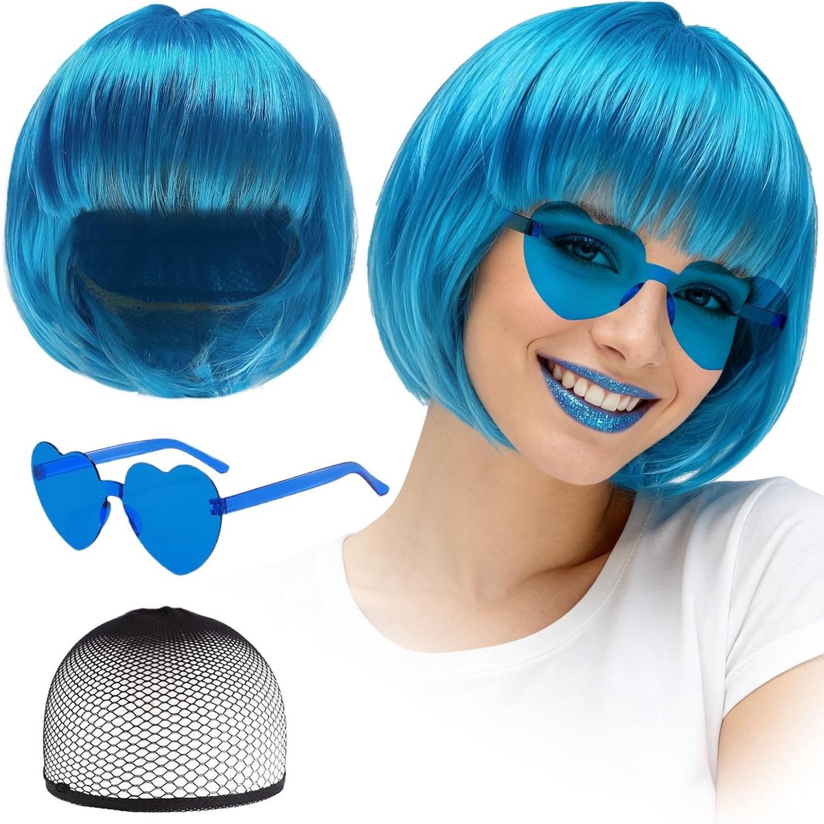 Set van 3 Korte Lichtblauwe Bobperruques met Hartvormige Zonnebril en Perukenkap, Feestaccessoire voor Neon Kostuums en Rechtdoor met Rechte Pony voor Dames