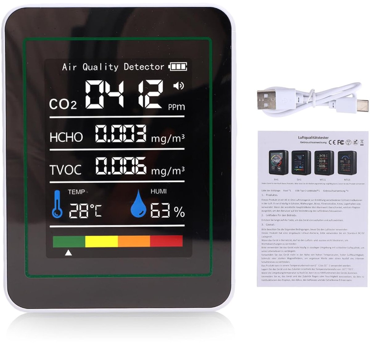 Luchtkwaliteit Monitor - Omgevingsdetector - Binnenmilieu Controleren - 5-in-1 Meting - 14 x 10 x 5 cm - Wit