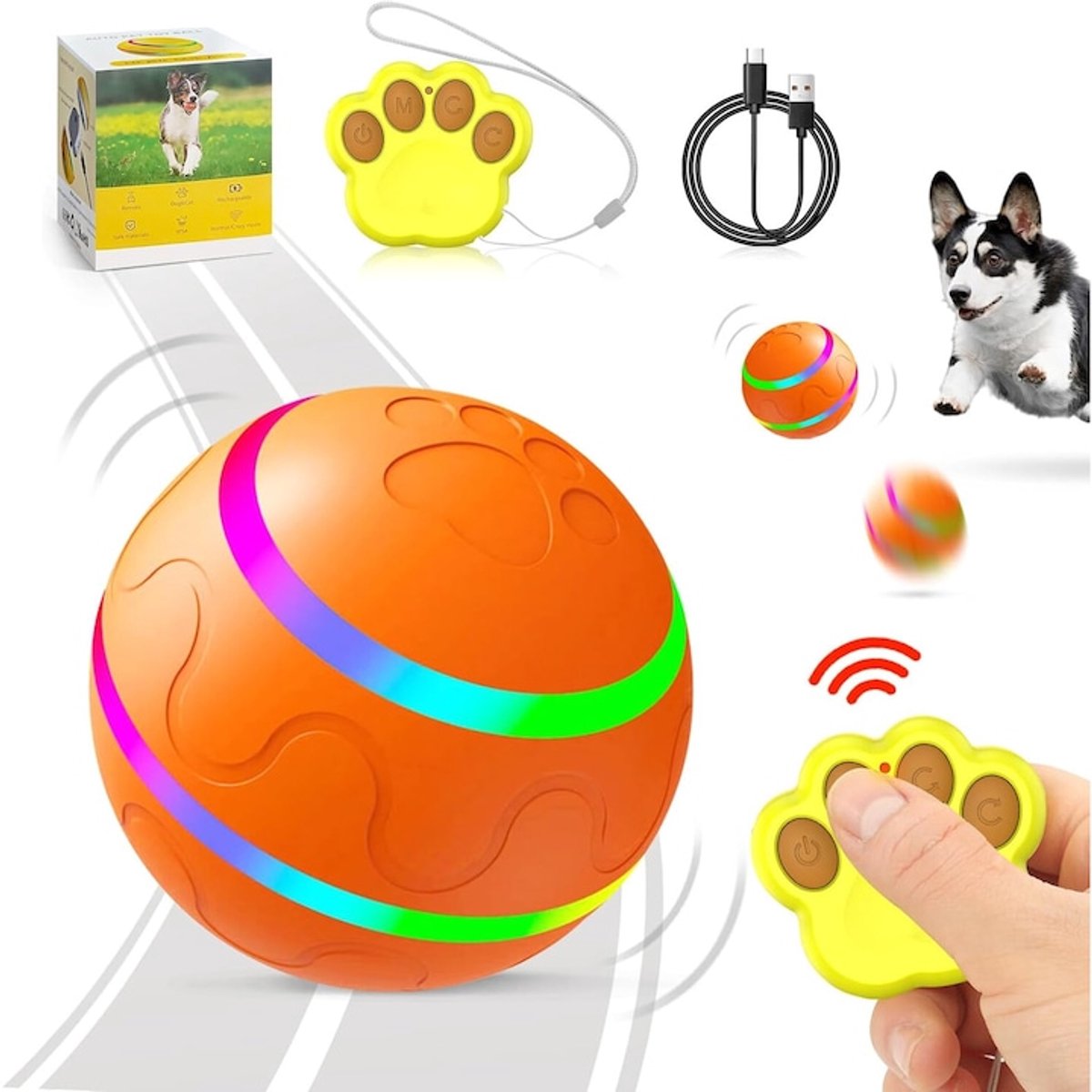Huisdierspeelgoed - Kattenspeelgoed - Kattenbalspeelgoed - TENZHVXI® - Intelligente interactieve bal met afstandsbediening - 360° automatische rotatie - Ledverlichting - Niet-giftig - USB-opladen - Waterbestendig - Diameter 8 cm - Oranje