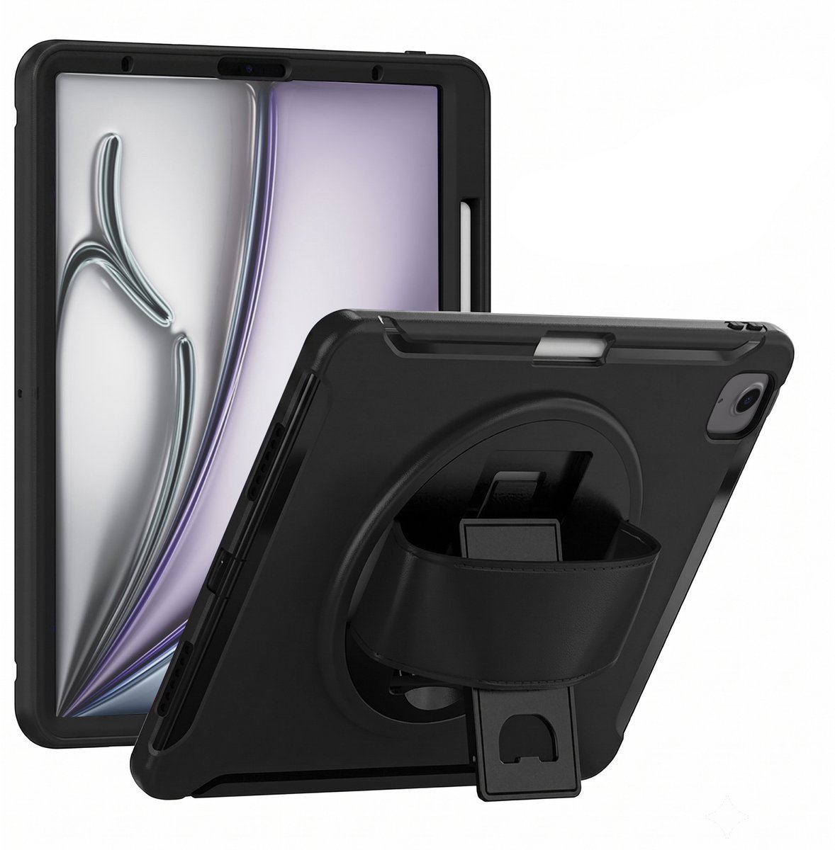 Avizar Hoes Geschikt voor Apple iPad Air 13 M4 Shockproof met Handgreep en Roterende Stand, Zwart
