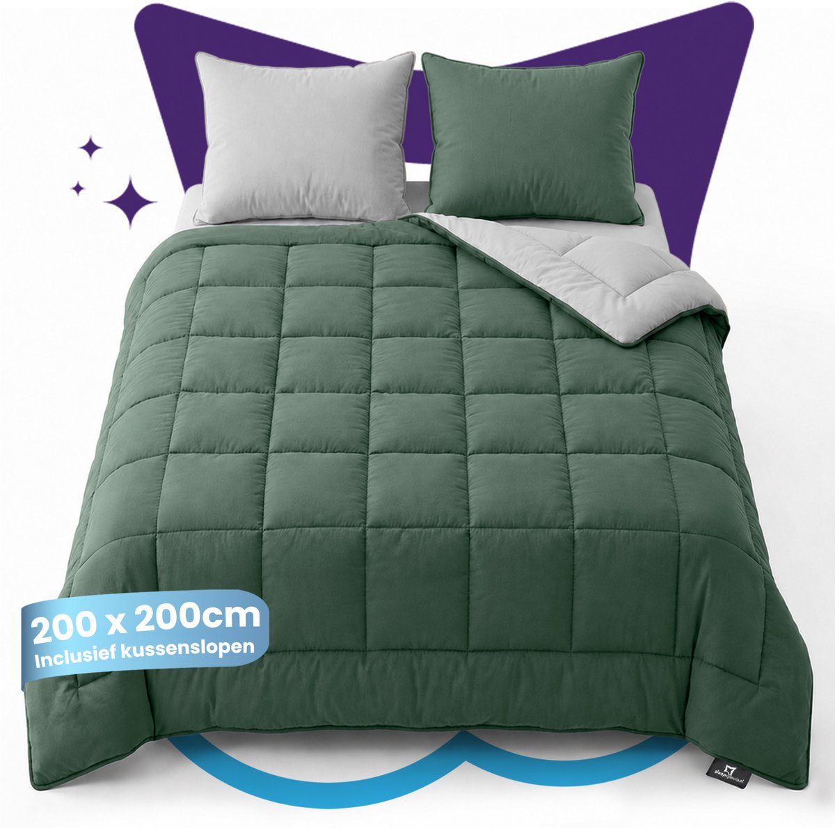 Slaapspeciaal All year dekbed enkel - eazydekbed ® Series Groen/Grijs - Dekbed zonder overtrek | 200x200 cm - Hoesloos dekbed - Inclusief Kussenslopen - Bedrukt dekbed zonder overtrek - Dekbed in kleur - Gekleurd dekbed - Tweepersoons Dekbed