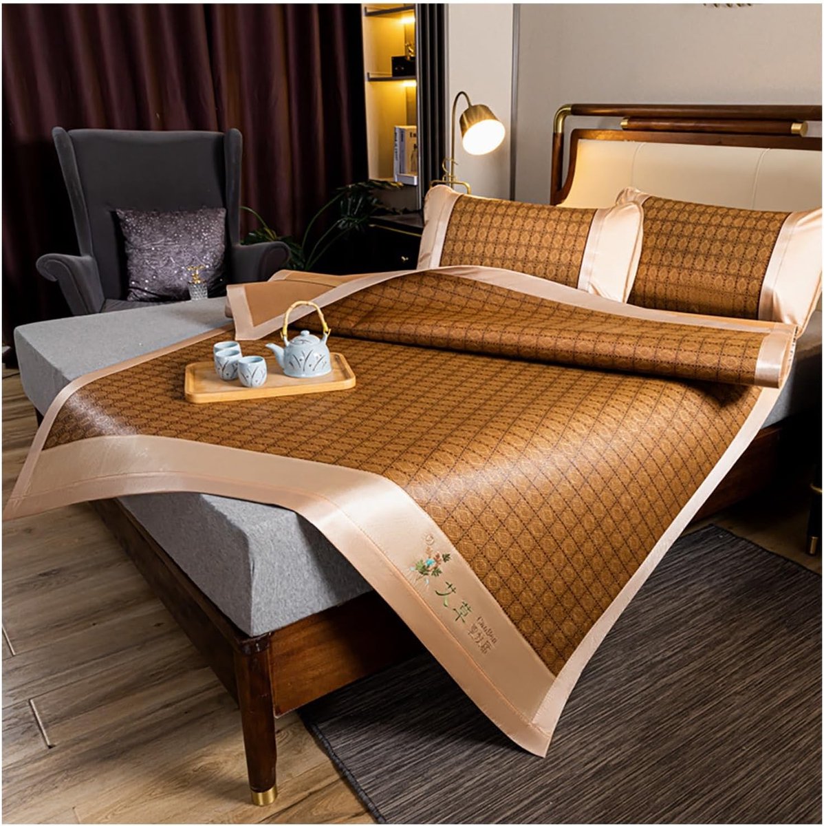 Rotan Koelmat Set - Bedmat Kussensloop - Zomers Slapen - Natuurlijke Mug Afweer - 200x220 cm - Naturel