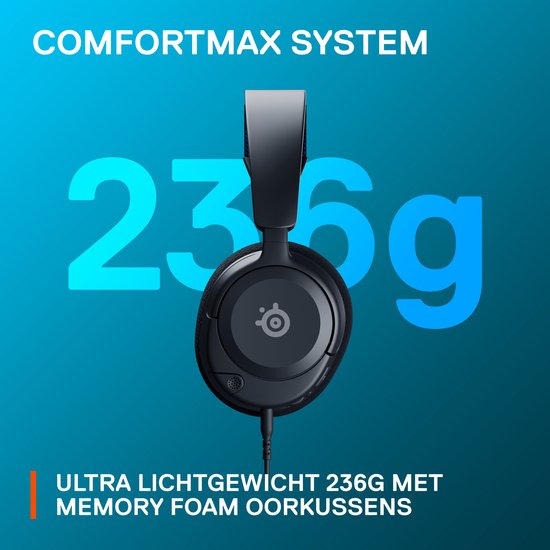 Zwarte, ultralichte gaming headset (236g) met geheugenschuim oorkussens en een blauw gestippelde hoofdband.