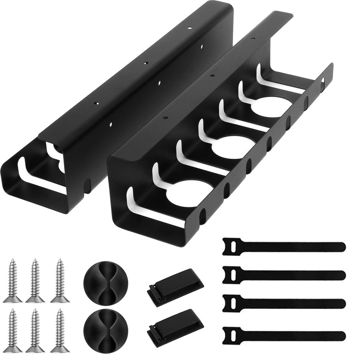 Kabelorganizer - Stekkerdoosorganizer zonder boren – Koolstofstaal – Opbergrek voor op kantoor – Kabelmanagementset - Kabelmanagementset voor bureaus - 2-delig - Zwart