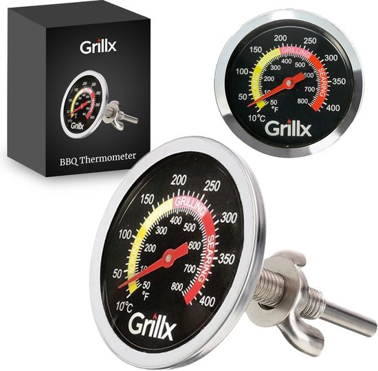 Grillx Monteerbare Barbecue Thermometer - Celsius en Fahrenheit - Inbouw Temperatuurmeter tot 400 °C - BBQ, Smoker & Kamado Accesoires