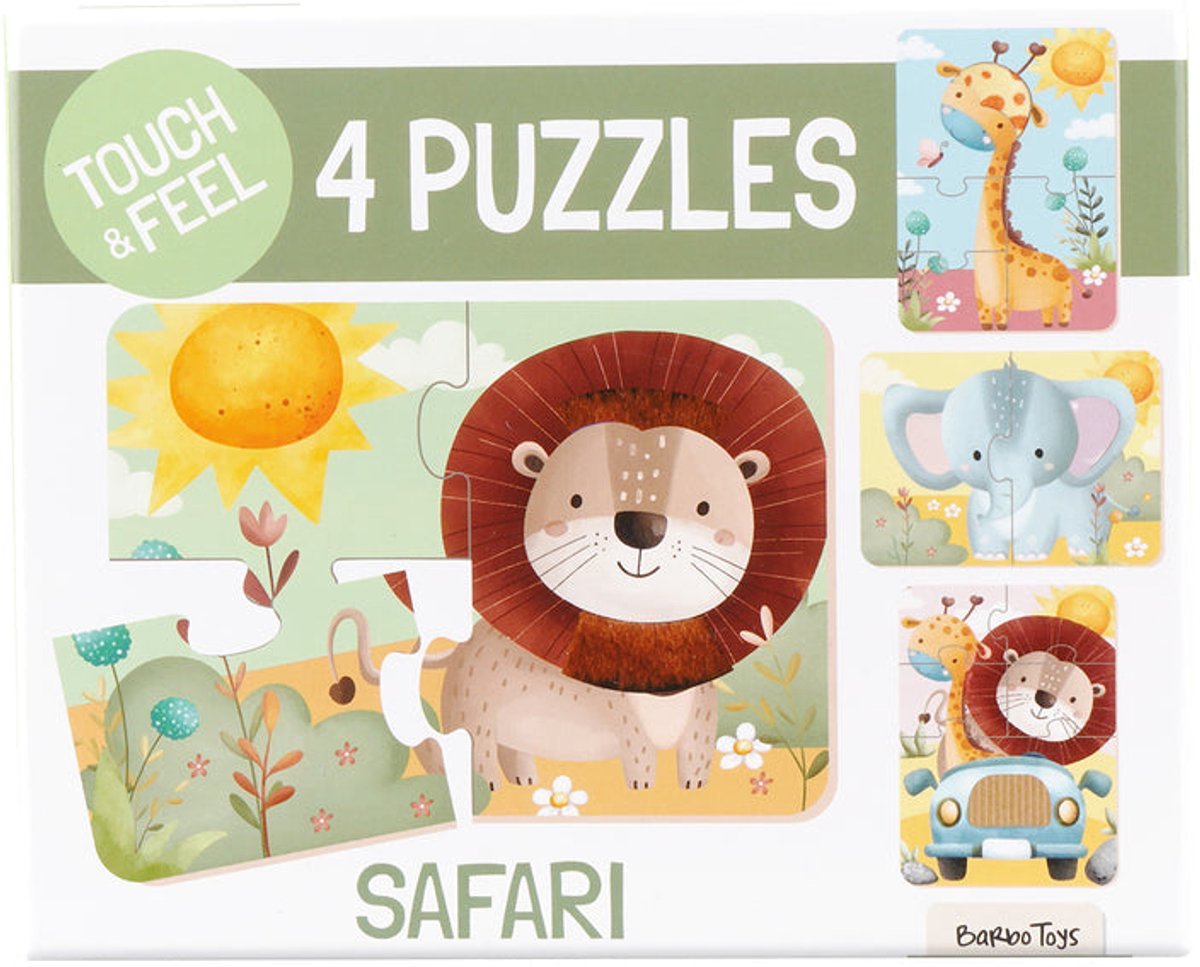 Barbo Toys - touch and feel safaripuzzel 4 puzzels - ontworpen in denemarken - sensorische legpuzzel - puzzel voor jongens en meisjes - multicolor - vanaf 2 jaar