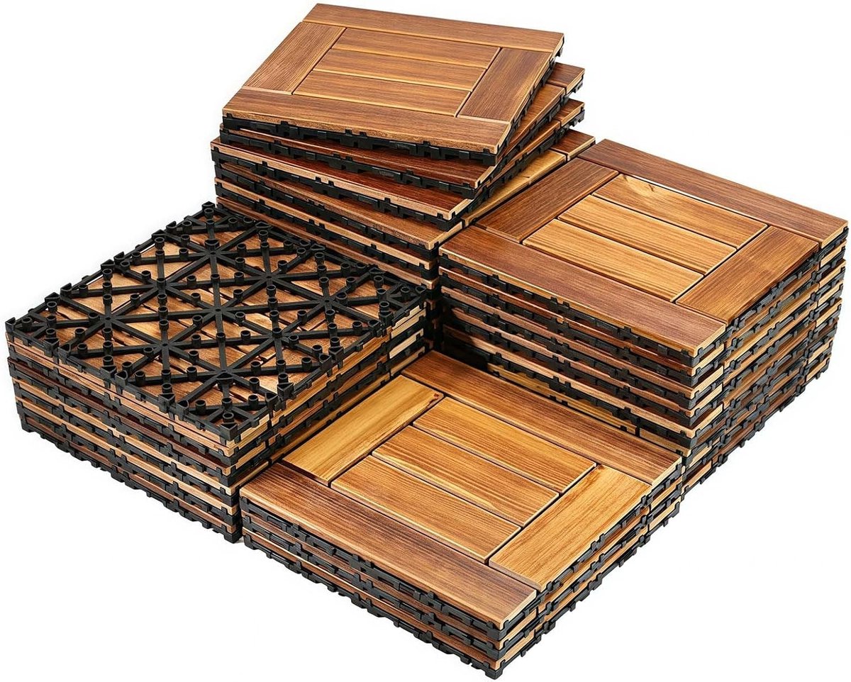 Houten Terrasvloer Tegels - Vlondertegels Balkon - Buiten vloeren - Kliksysteem - 30x30cm - Houtkleur