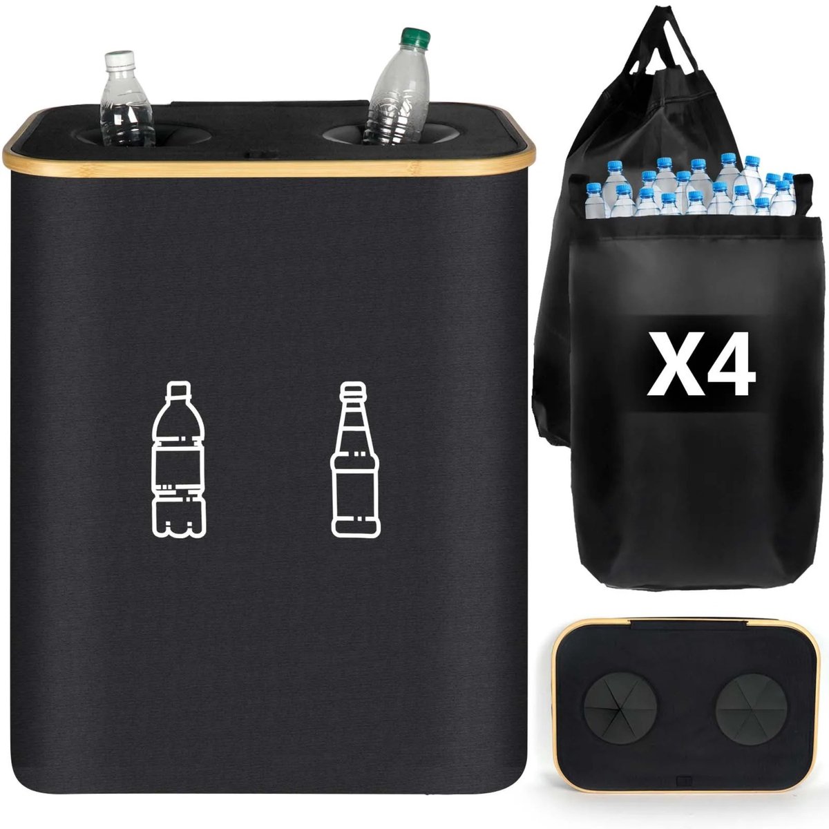 Noventra - statiegeld container - flessenmand met flessentassen - statiegeld verzamelbak voor lege flessen en blikjes - recycle bak - 160 Liter - opvouwbaar - zwart