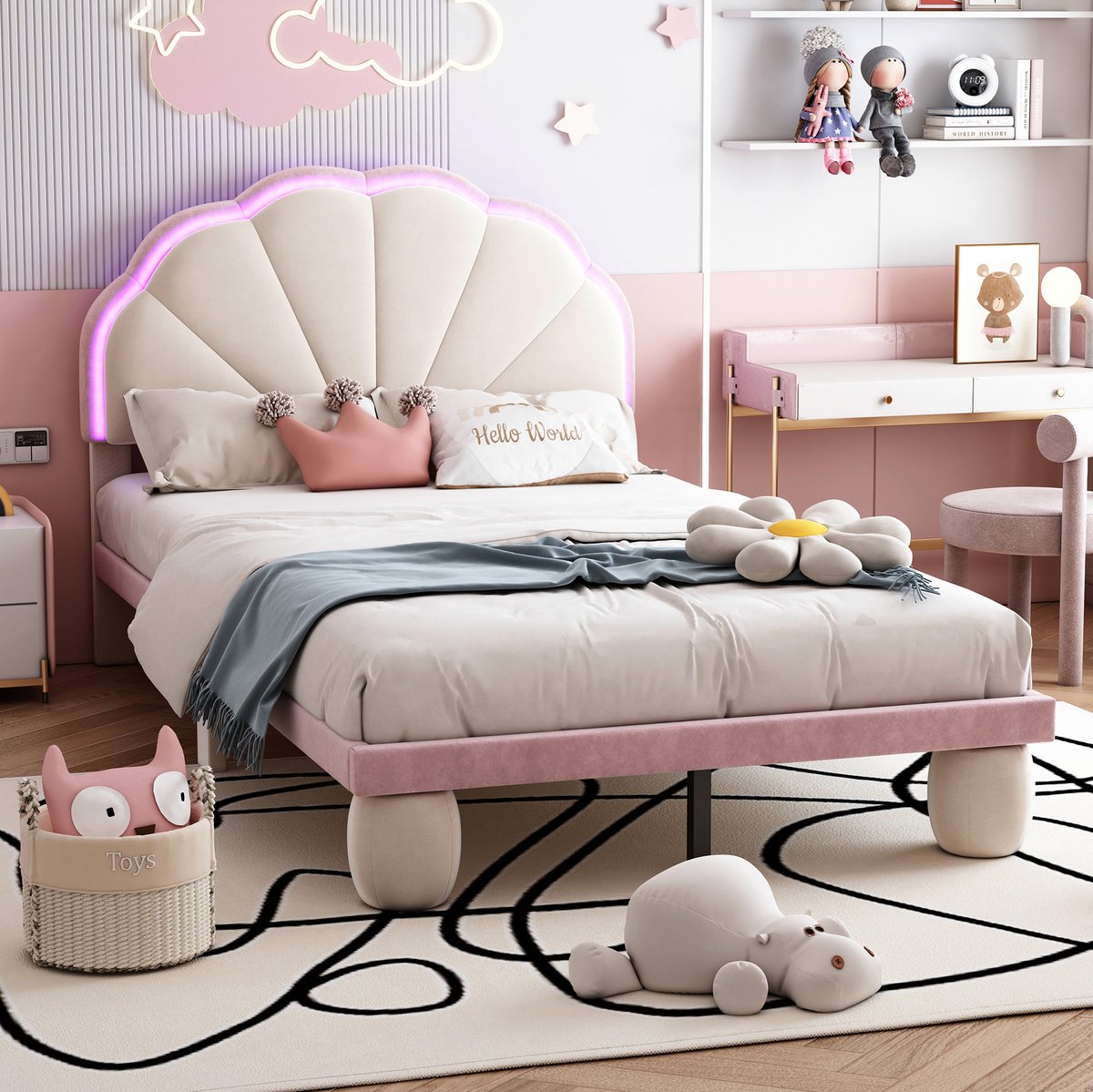 MEUNIQ kinderbed 90x200 cm met LED verlichting, golvend gestoffeerd hoofdbord, lattenbodem, velvet eenpersoonsbed voor kinderkamer, beige en roze