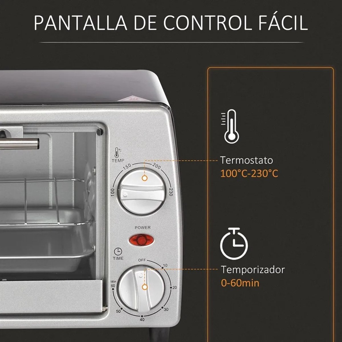Zerova Electrische oven 10L - Mini Oven 750W - Bakmachine - Combi-oven - Heteluchtoven vrijstaand - Timer 60 min - Zilver – foto 6