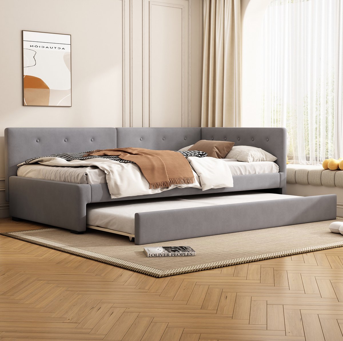 MEUNIQ bedbank 90x200 cm met uitrolbed en lattenbodem, daybed eenpersoons bedframe zonder matras, grijze stoflook voor slaapkamer of logeerkamer Grijs
