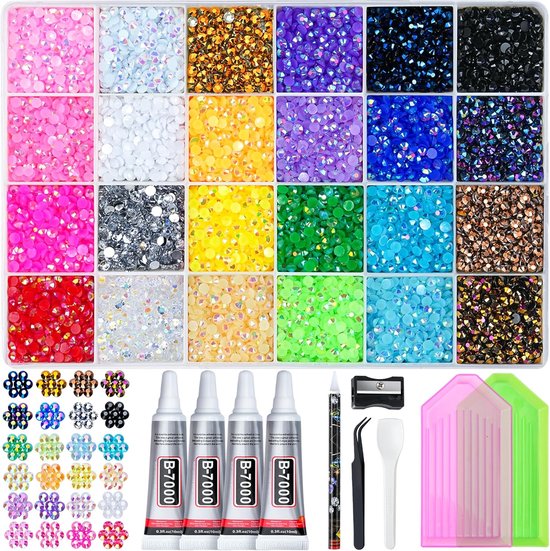 35000 Strasssteentjes Set - Bedazzle Kit - Resin Jelly-Strasssteentjes - Diy Rhinestones Kit - Plaksteentjes - Nagel Diamantjes - Meerkleurige 3 mm Flatback-Steentjes - Incl. Lijm, Pincet & Wax Pen - Voor Kleding,Mokken, Nagelkunst en Knutselen