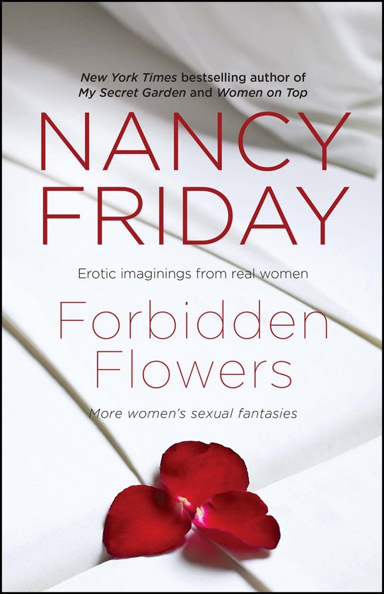 Boek "Forbidden Flowers" van Nancy Friday met rode rozenblaadjes op een witte achtergrond.