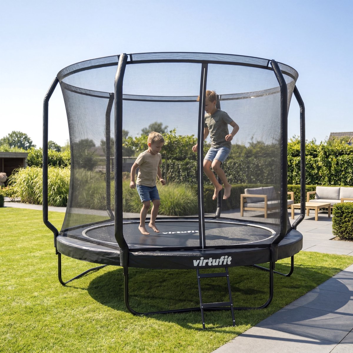 VirtuFit Premium Trampoline met Veiligheidsnet - Ø 305 cm Diameter - Incl. Beschermrand - Extra Veilig - Gratis trap - Water- en UV-bestendig - Max. 150 kg - Voor Kinderen en Volwassenen - Zwart – foto 4