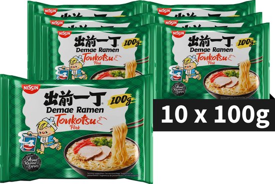 Verpakking met zes pakken Nissin Demae Ramen Tonkotsu Pork instant noedels in een groene verpakking, met vermelding '10 x 100g'.