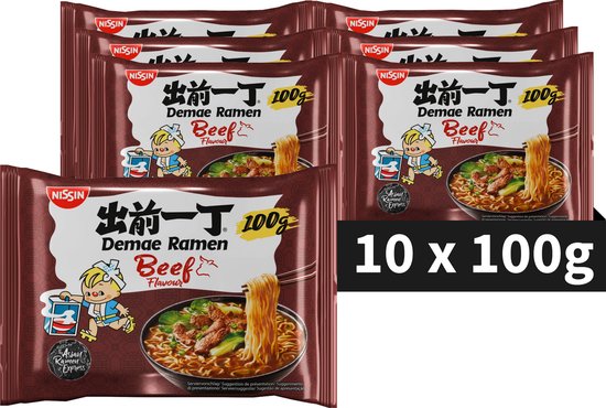 Vijf verpakkingen Nissin Demae Ramen, rundvleessmaak. Een afbeelding toont een kom met noedels en rundvlees.