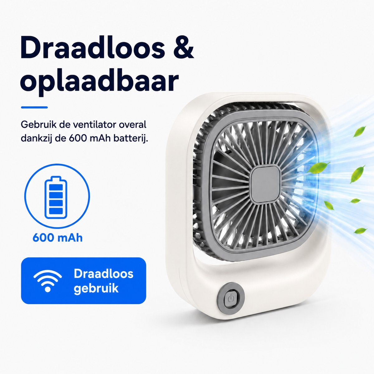 Draagbare Bureauventilator - Lichtgewicht USB-C Ventilator - Handventilator Oplaadbaar - Mini Tafel Ventilator - 3 Standen - Mini Desk Fan - Compacte Kleine Oplaadbare Ventilator - voor Auto, Kantoor & Onderweg - Handwaaier - Wit - Silvergear thumbnail 3