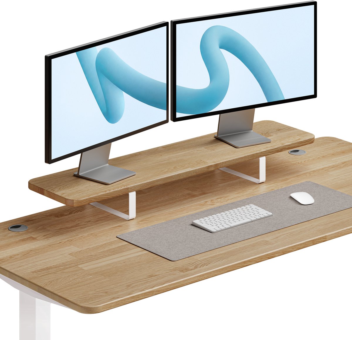 Desktronic Monitorstandaard 2 Schermen Wit/Massief Eiken - Monitor Verhoger Hout - 114 x 28 cm