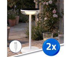 RexTech Tafellamp oplaadbaar ‘Vita’ - Voordeelset van 2 stuks - Wit - USB-C oplaadbaar - Werkt ook op zonne-energie - Warm wit licht 2700K - Solar tuinverlichting