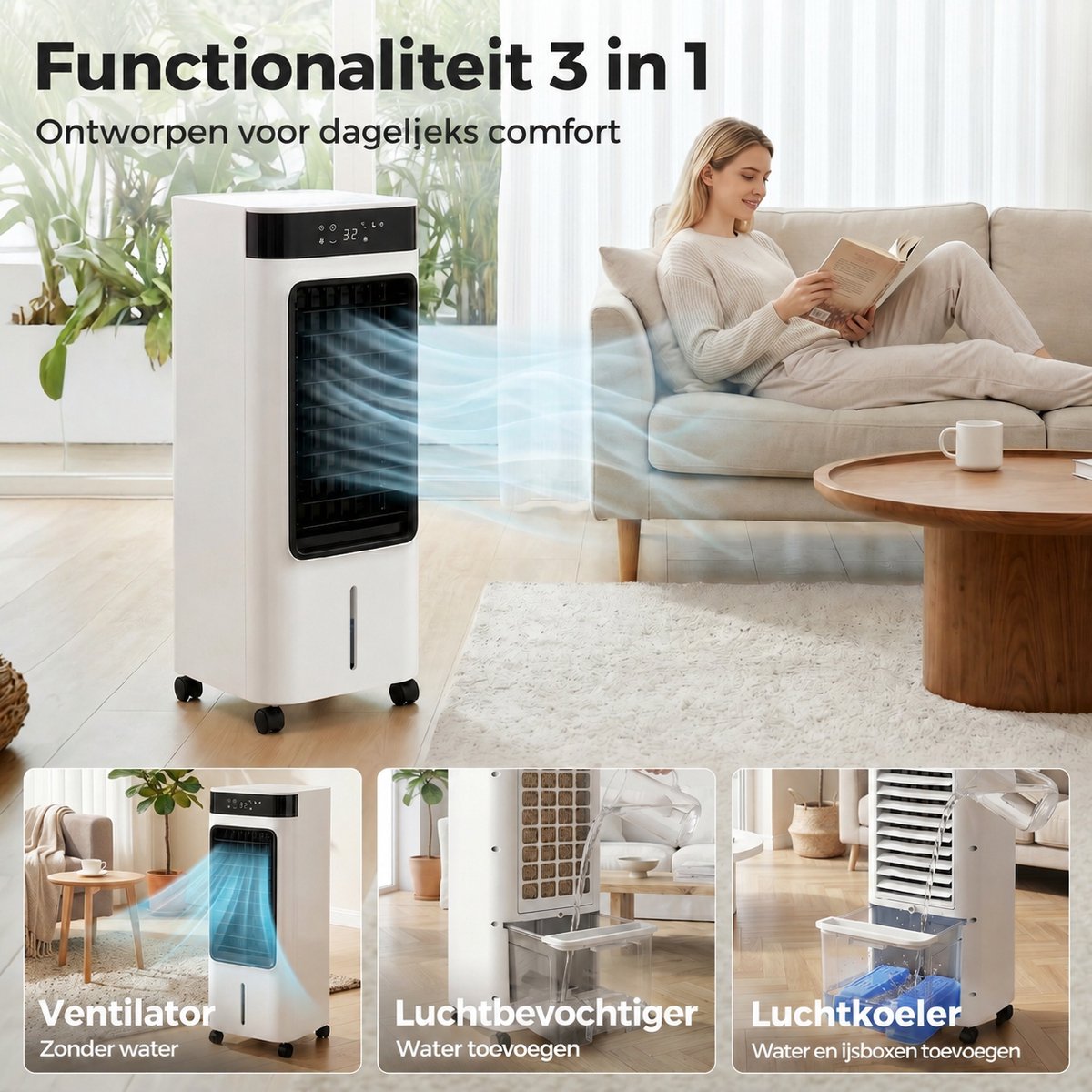 Sogiol - 3-in-1 verdampingsluchtkoeler - Mobiele Airco - met Afstandsbediening & 12-uurs Timer - ontvochtiger kleine &draagbare airconditioner — afbeelding 7