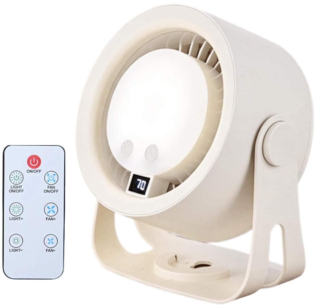 LISM-USB-oplaadbare bureauventilator met afstandsbediening, driekleurig licht, 5 instelbare dimstanden, stille werking, werkt op batterijen, geschikt voor bureaus thuis en in studentenkamers, met ingebouwde verlichting (khaki).