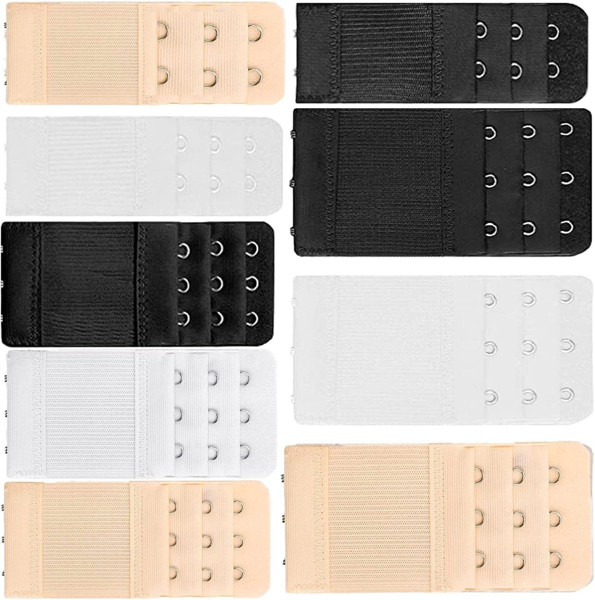 Set van 9 Verlengstukken voor Beha's voor Dames, Comfortabele en Elastische Ondergoedverlenging, 3 Rijen met 3 en 2 Haakjes, Verkrijgbaar in Zwart, Wit en Huidskleur