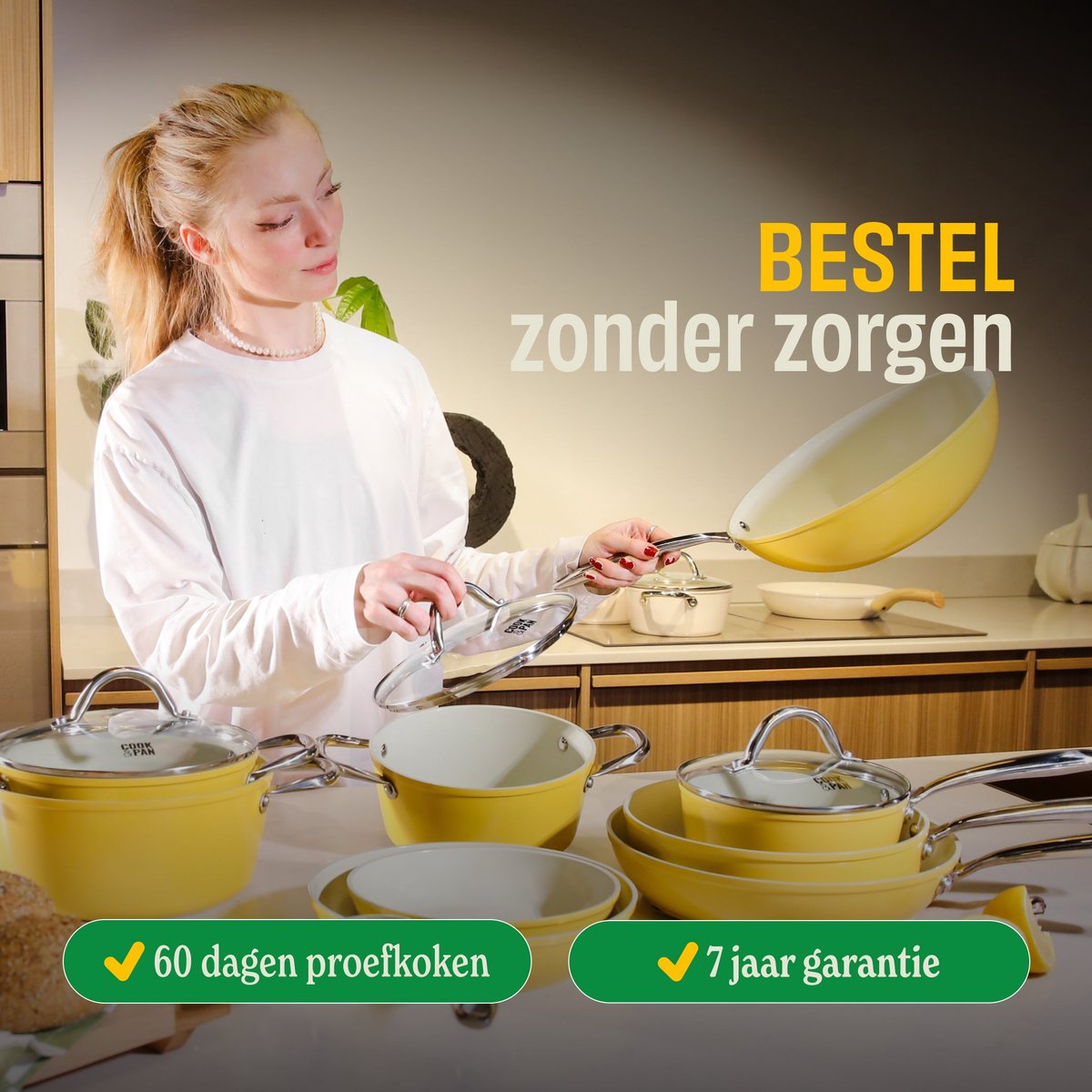 Cook & Pan 9-Delige Pannenset Sunny Side Geel - PFAS vrij - Alle Warmtebronnen - Pannen Set met 7 jaar Garantie - Krasbestendige Anti Aanbaklaag - Vaatwasserbestendig - Gas, Inductie, Elektrisch, Oven - Koekenpan, Wokpan, Steelpan, Hapjespan, Kookpot – foto 7