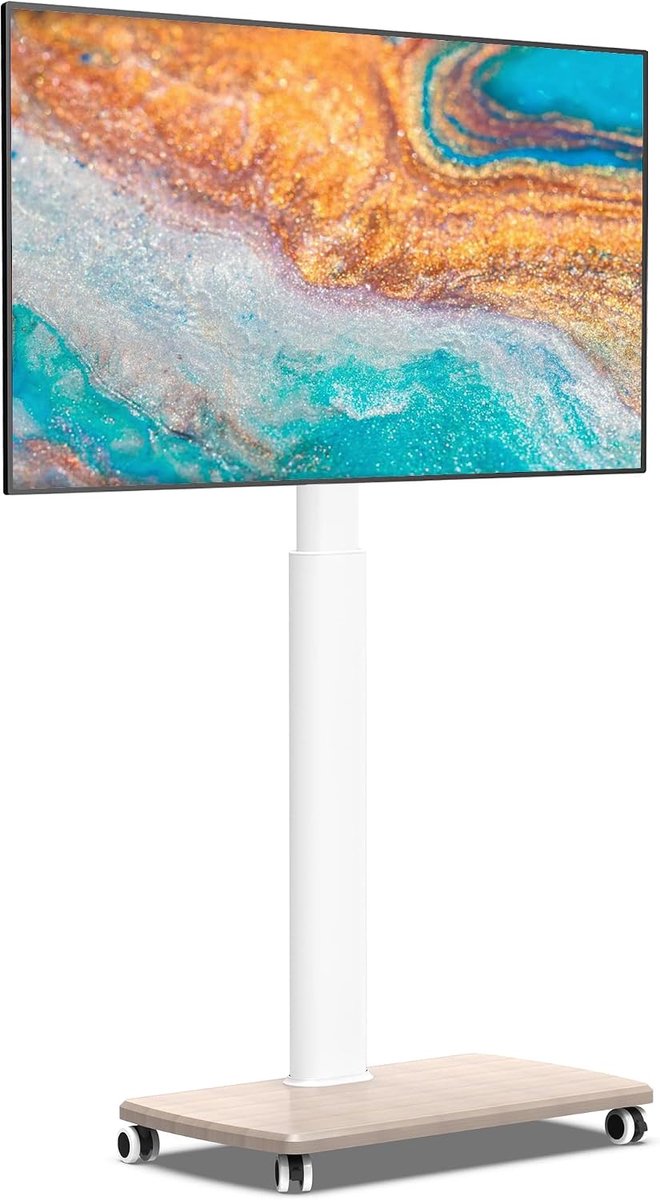 Verrijdbare TV Standaard - Vloerstandaard met Wielen - Flexibel TV Kijken - Hout-Look Basis - Tot 70 Inch - Wit