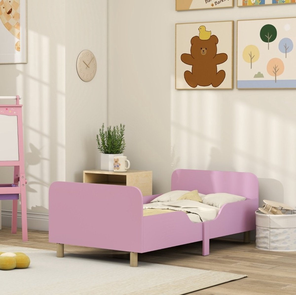 MEUNIQ kinderbed 143,5 x 74,2 x 50 cm met uitvalbeveiliging en lage instap, eenpersoons bedframe voor kinderkamer, geschikt voor matras 140 x 70 cm, roze