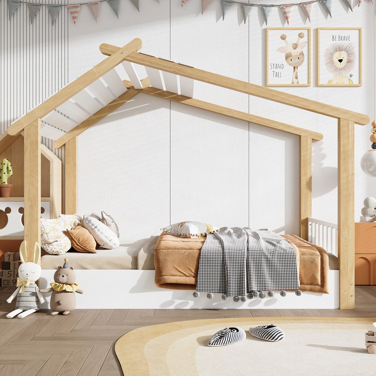 MEUNIQ kinderbed huisbed 90x190 cm met lattenbodem, 207x95x155,5 cm, grenen MDF en spaanplaat, wit en naturel, eenpersoons bed voor kinderkamer