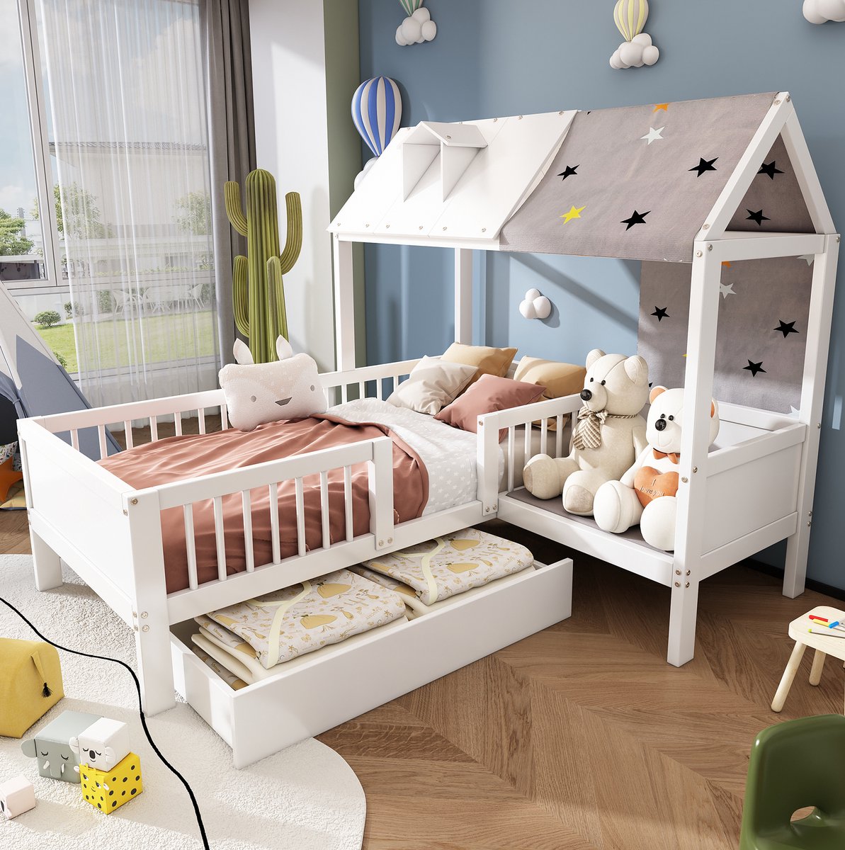 MEUNIQ kinderbed 90x200 cm huisbed met lattenbodem, opberglade en tentdoek, eenpersoons bedframe voor kinderkamer, geschikt voor matras 90x200, wit