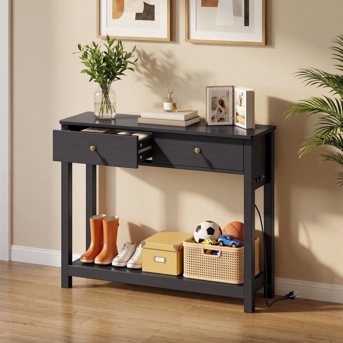 Xbro Consoletafel, Haltafel met 2 Lades en Opbergplank, Sidetable met EU-Stopcontact en USB,Zwart