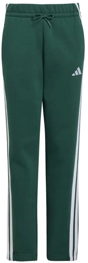 Donkergroene adidas fleece jogger met witte 3-stripes langs de zijkanten en trekkoord in de taille.