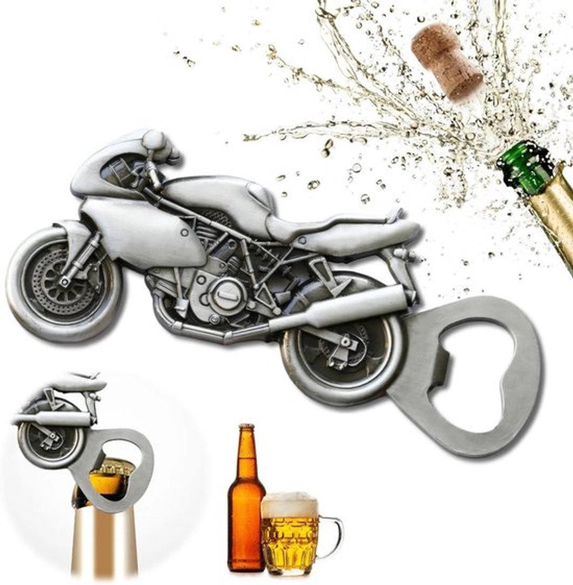 Vintage flesopener motorfiets Inovra Plus, doos wenskaart heren