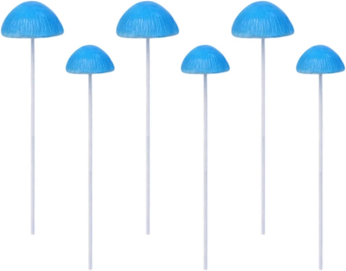 Mini Paddenstoel Figuurtjes - Tuinstekers Decoratie - Sprookjestuin Creëren - Weerbestendige Hars - 6 stuks - Blauw