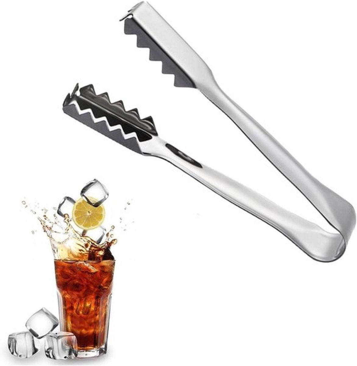 MK Stoer -Ijsblokjestang - Serveerijsemmer - Gekartelde opening - Roestvrij staal - Cocktails - Whisky - Suikerklontjes - Geschikt voor mini ijsblokjes - Zilveren tang 16x7,5 cm