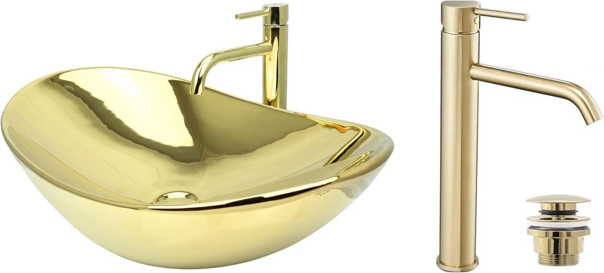 Opzetwastafel met kraan - Wastafel set - Badkamer Vernieuwen - Keramiek met geborstelde afwerking - 62x36x16 cm - Goud glans