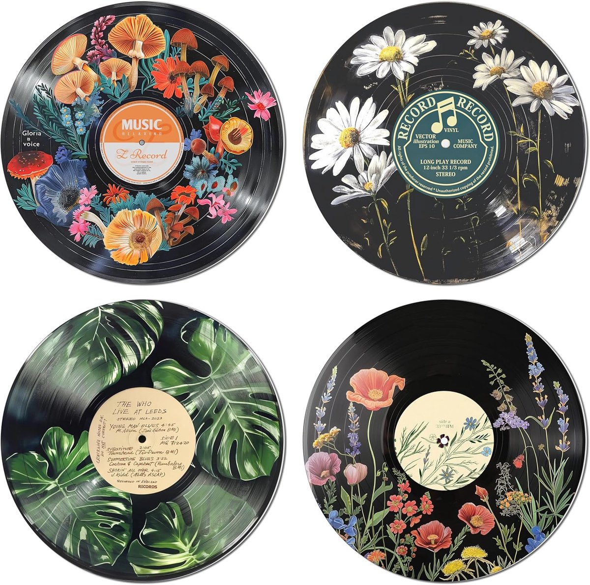 Tolvia Botanische Wanddecoratie - 4 stuks Poster - 19 cm Ronde Retro Hippie Posters - Muurdecoratie voor Slaapkamer, Woonkamer