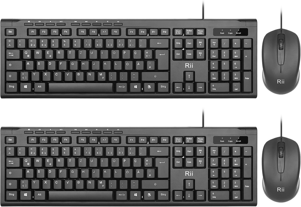 Rii Kabelgebonden toetsenbord-muisset, pc-toetsenbord met kabel, spatwaterdicht, ergonomisch, USB-aansluiting - ShopVlot