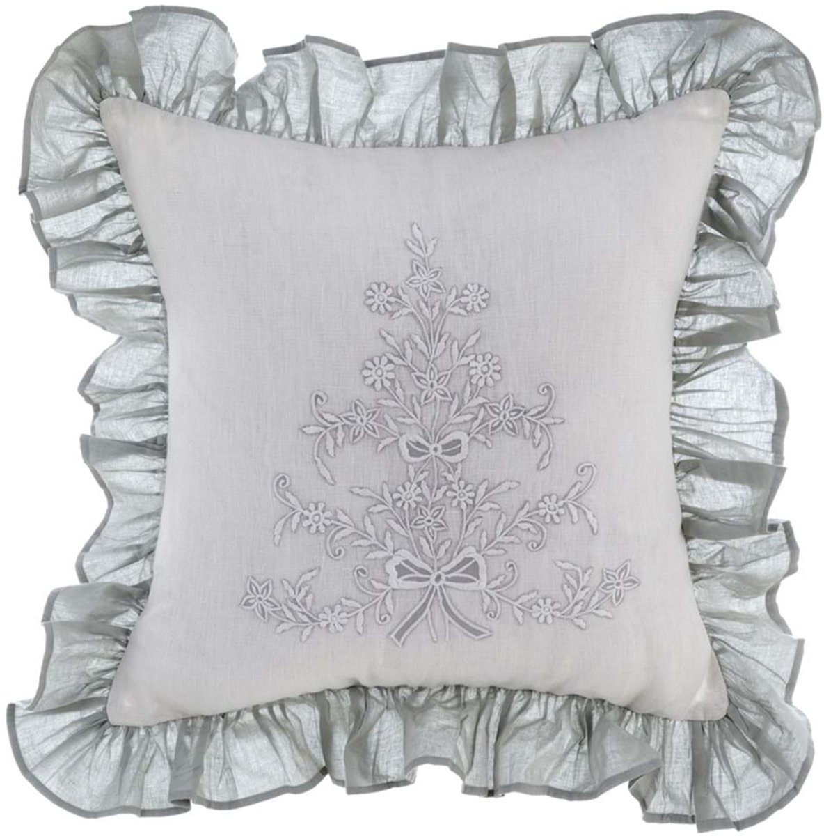 Decoratieve Kussenhoes met Kant en Ruches - Grijs/Wit