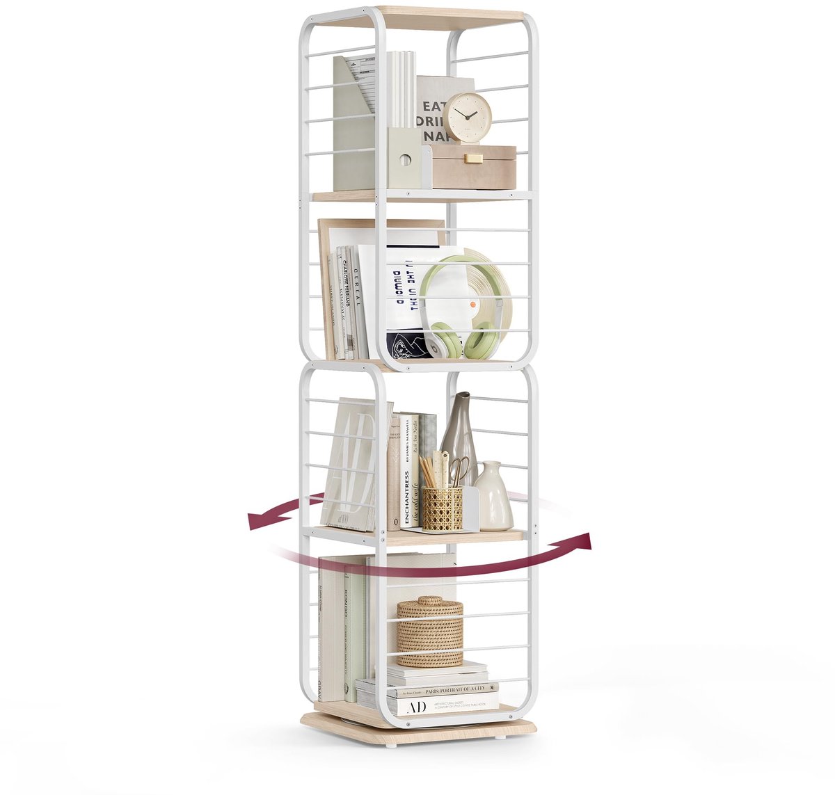 Famanu – Boekenkast met 4 niveaus, draaibaar rek met boekensteunen, ideaal voor boeken en decoratie