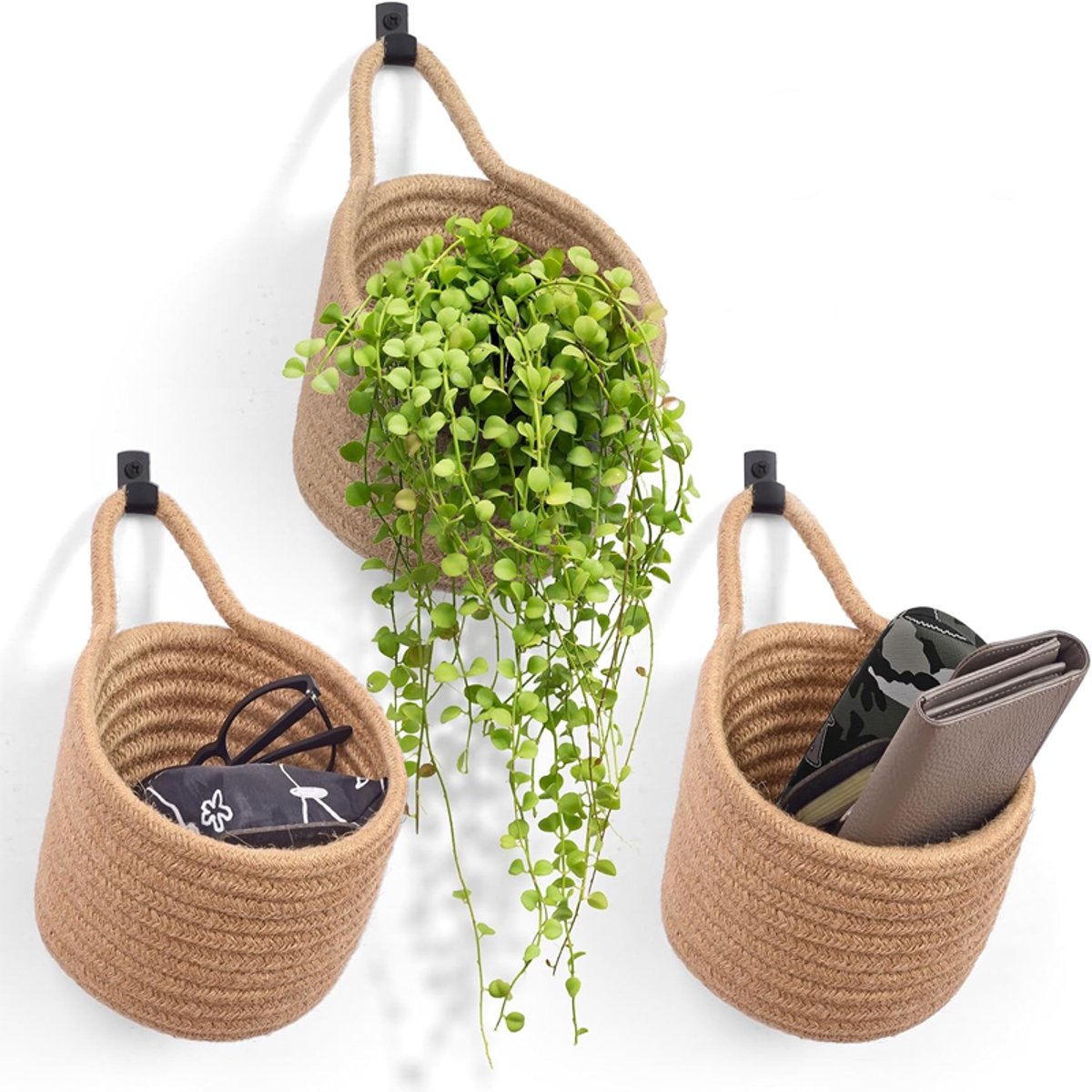 KZQ 3-delige geweven boho muurhangmanden - Kaki decoratieve organizers - Hangende opbergzak voor deur rek en camper