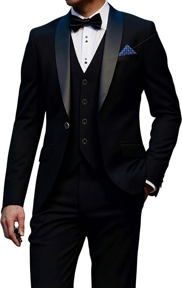 Currero 3 Delig Herenpak Met Overhemd - Suit 2 Delig - Tailored Fit Kostuum - Business Pak - Trouwpak - Smoking - Tuxedo Stijl - Bruiloft, Kantoor & Feest - Zwart 1 L