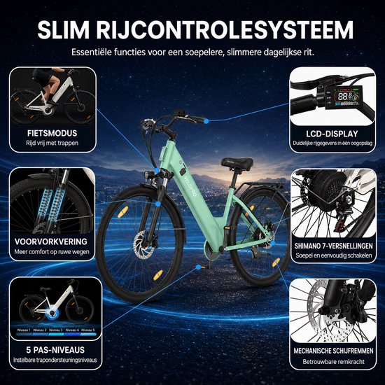 Velopro C1 Elektrische Fiets 36V 250W-13Ah Accu, 27.5 inch- 7 Versnellingen-LCD Display- Voorvering- Alleen Trapondersteuning-zwart van VeloPro™ — afbeelding 5