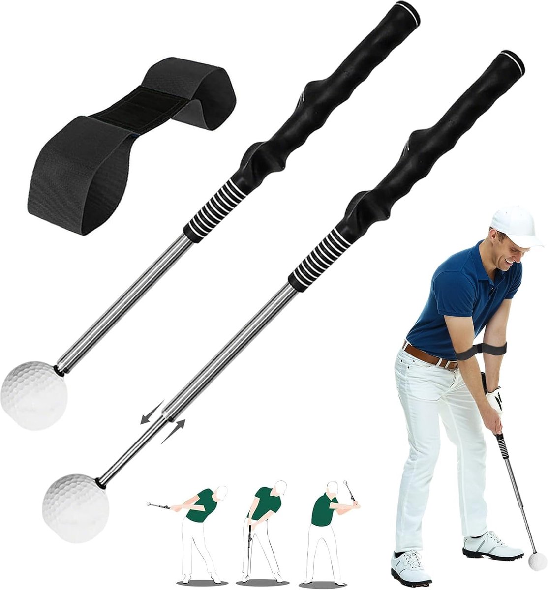 Telescopische golftrainingshulp, set van 2, golfgrip trainer met greeptrainer, draagbaar voor opwarmingsoefeningen - ShopVlot