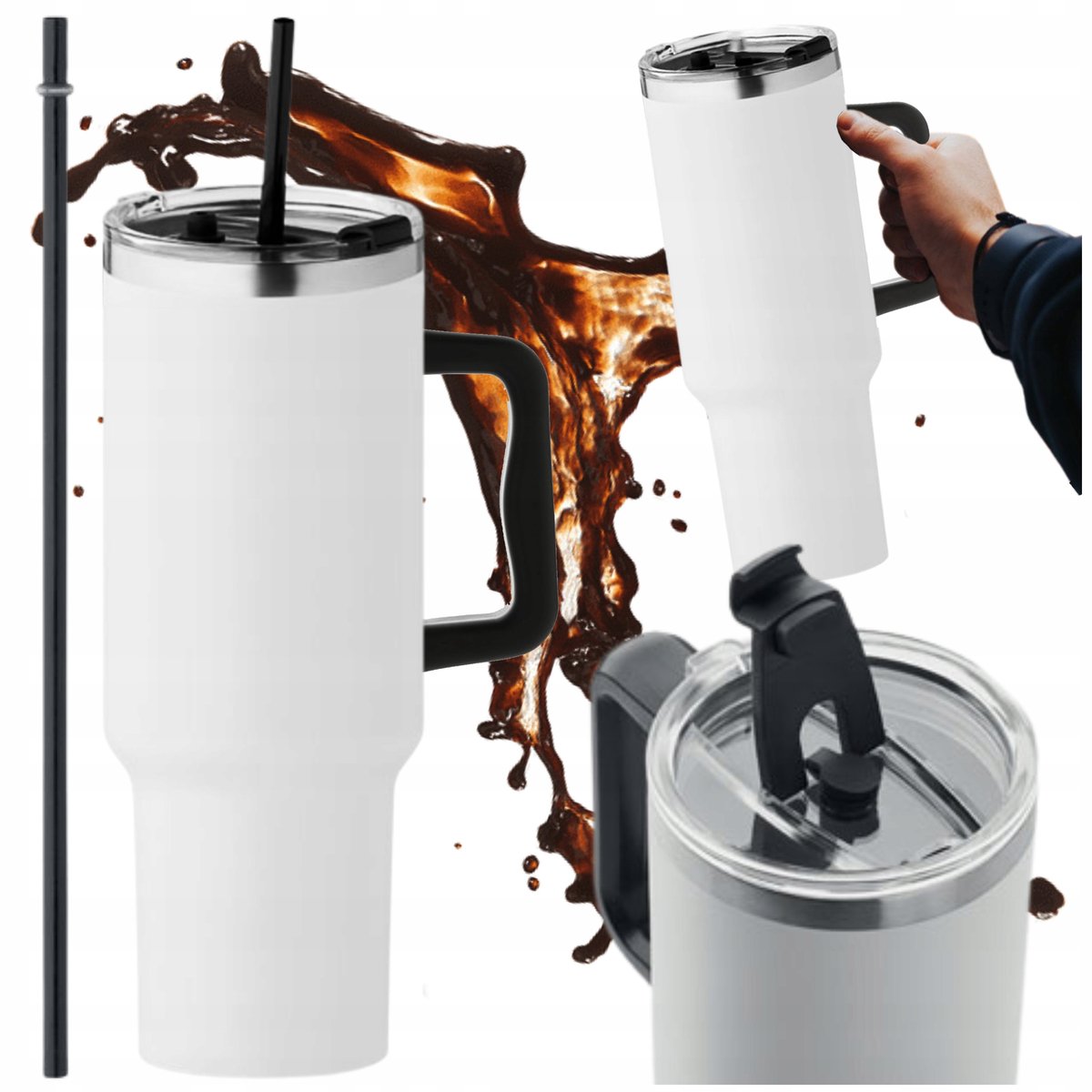 Thermosbeker 1200ml met Handvat & Rietje - Wit