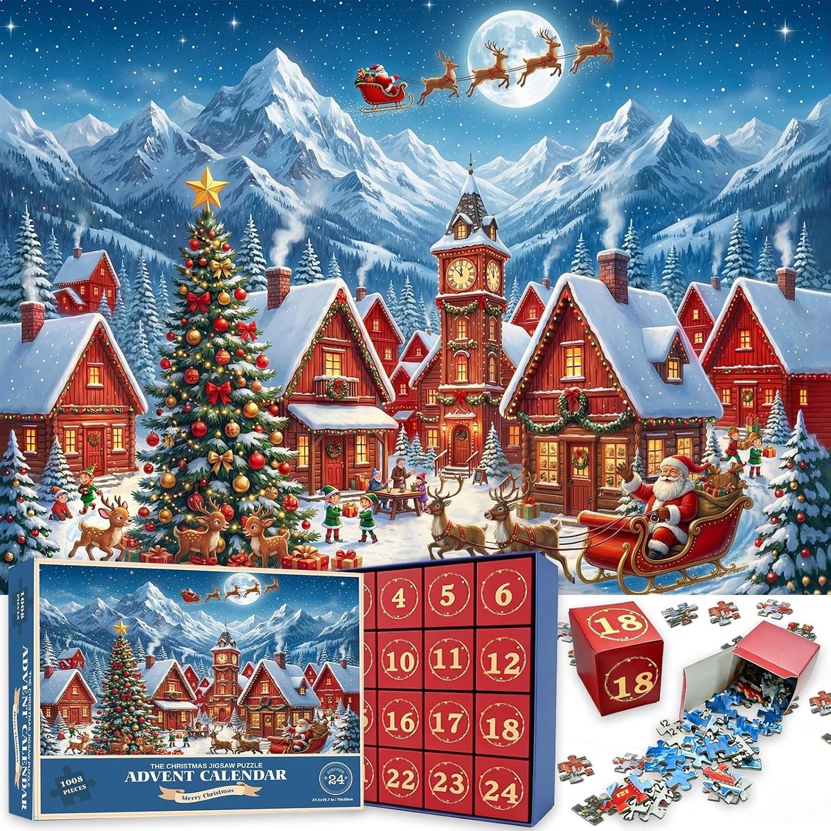 Adventskalender Puzzel - Multicolor - 70 x 50 cm - 1008 Stukjes - Voor Volwassenen en Kinderen